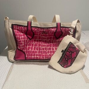 Jill Martin Cream Canvas Tote with Hot Pink Croc-Print Panel and Matching Pouch
